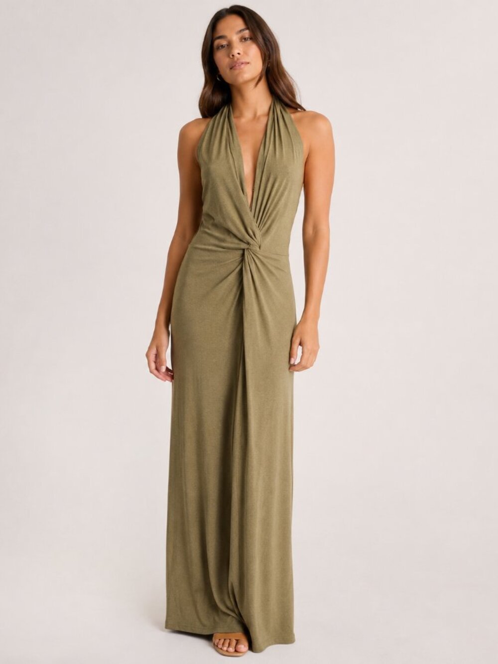 Significant Other Olive Halter Knit Knot Waist Maxi Dress Resort Sz 8